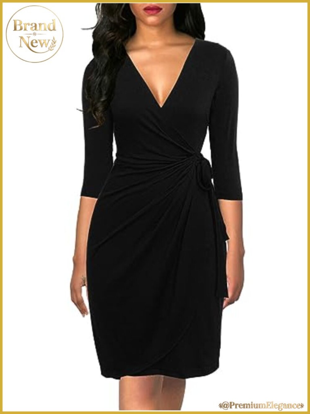 3/4 Sleeve V Neck Faux Wrap Dress with Tie Belt